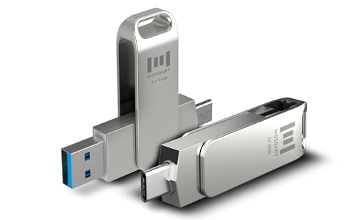 Image of MOSDART 64GB USB C 3.2 Fast Speed C and A Dual Flash Drive, exFAT Memory Stick with Keychain Loop, for iPhone 15,16,17, Android Phone, iPad, MacBook, Silver(Pack of 2)