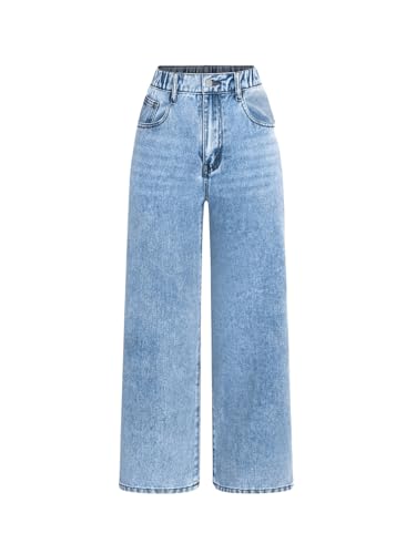 Floerns Girl's Distressed Ripped Denim Pants Elastic Waist Wide Leg Jeans with Pocket
