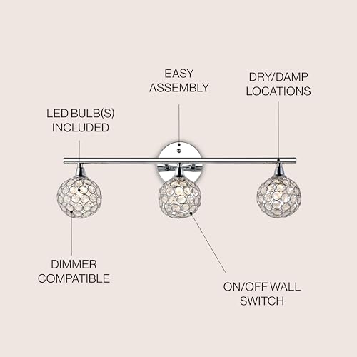 Image of JONATHAN Y 23 inch Chrome Maeve Modern Glam LED Vanity Light Sconce for Bathroom, Clear Crystal Globe Shade, Art Deco Wall Light for Hallway Entryway (JYL7536A)
