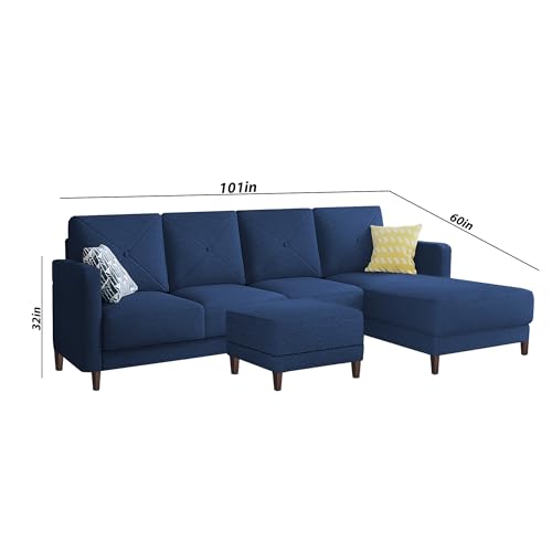 Image of Baloney RHS 6 Seater L Shape Sofa Set with Center Table for Living Room (Blue Fabric) Premium Fabric Sofa