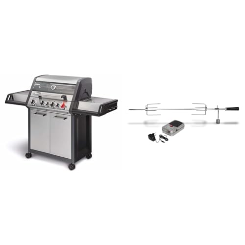 Enders Gasgrill MONROE PRO 4 SIK TURBO, 4-Brenner mit Kocher, Backburner-Infrarotbrenner, PanoVision Sicht, Guss-Rost #8378 & 7903 Grillspieß Set für BBQ Gasgrills Boston, Silber, 100x3x3 cm