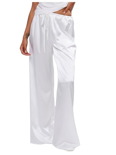Image of MakeMeChic Women's Summer Satin Silk Pants Casual Flowy Pants Beach Vacation Wide Leg Pants