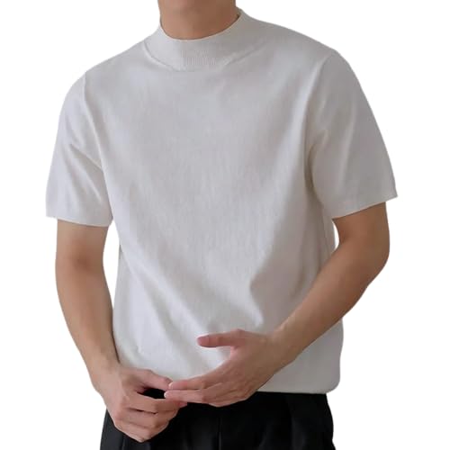 [Luvian] メンズ ニットセーター 半袖 サマーニットカットソー トップス モダール ウール混 ハイネック スリム Tシャツ ニットソー カジュアル ビジネス 無地 柔らかい 通気性 高弾性 リブ裾 春秋 白 lの商品画像（Amazon）