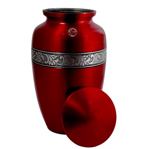 Image of Silver Engraved Aluminium Cremation Urn for Human Ashes Adult - Handcrafted Funeral Memorial Ash Storage Urn - Bag Included (Red, Keepsake - 70 Cubic Inches)