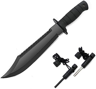 LANCERGEAR Survival Hunting Knife with Sheath, 15" Stainless Steel Fixed Blade, Black Rubber Non-slip Handle, Suitable for Camping, Hunting and Adventure, Cool Knife Gift for Men