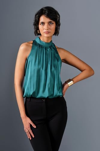 Image of Women's Pink Satin Sleeveless High-Neck Top | Elegant Shiny Office Wear Blouse for Ladies | Stylish Halter Neck Satin Top for Formal, Casual & Evening Outfits
