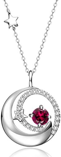 FANCIME Ruby Necklace 925 Sterling Silver July Birthstone Moon Star Pendant Red Created Gemstone Fine Jewelry Birthday Anniversary Christmas Gifts for Women Girls Daughter, Adjustable Chain 16"+2"