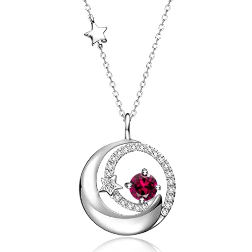 Fancime Ruby Necklace 925 Sterling Silver July Birthstone Moon Star Pendant Red Created Gemstone Fine Jewelry Birthday Anniversary Christmas Gifts For Women Girls Daughter, Adjustable Chain 16"+2" #TOP27