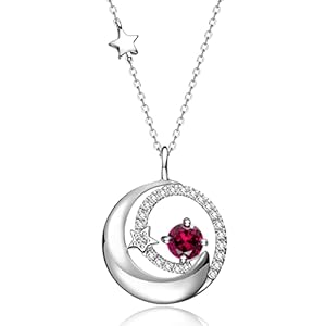 FANCIME Ruby Necklace 925 Sterling Silver July Birthstone Moon Star Pendant Red Created Gemstone Fine Jewelry Birthday Anniversary Christmas Gifts for Women Daughter, Adjustable Chain 16″+2″