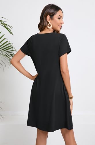 Enmain Vestido Estilo Camiseta para Mujer de Verano de Manga Corta con Bolsillos túnica Vestido Casuales Bohemios hasta la Rodilla para Mujer, Negro, XL