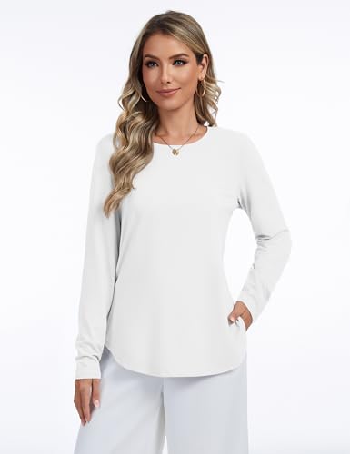 YUCOLEN Long Sleeve Shirts for Women Loose Fit Crewneck Side Split Curved Hem Basic Casual Tunic Tops to Wear with Legging2