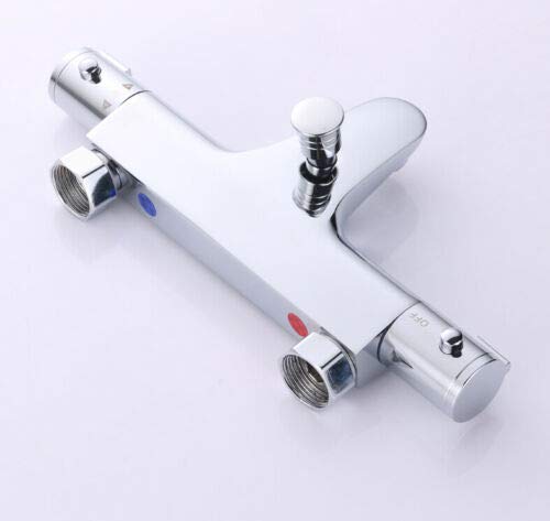 Grifo mezclador para bañera y ducha, de acero inoxidable, con protección contra quemaduras, 20 – 50 ℃, 2 salidas de agua con botón de seguridad de 38 °C