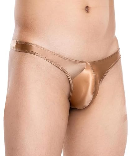 Men's Sexy Bulge Pouch Bikini Underwear Silky See Through Thong Briefs Glossy Low Rise Quick-Dry Breathable Stretch Comfortable G-String Brown S