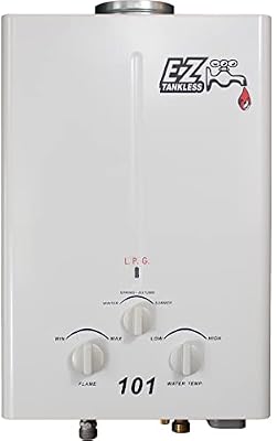 EZ 101 Tankless Water Heater - Propane (LPG) Gas - 2 GPM - Small - Portable - Point of use - Battery Powered Ignition - Camping - RV - Hunting