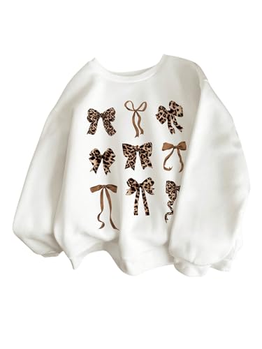 WDIRARA Girl's Leopard Bow Sweatshirt Crew Neck Long Sleeve Pullovers Graphic Top