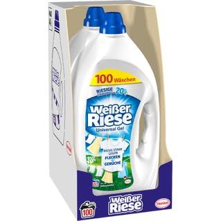 Weißer Riese Universal Gel (2x100 Waschladungen), riesig ergiebiges Vollwaschmittel mit riesiger Waschkraft ab 20 °C sorgt für strahlend saubere Wäsche, 100% recycelbar