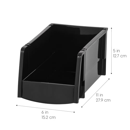 Image of IRIS USA Medium Stackable Storage Bins, 4-Pack, 11 inch L x 6 inch W x 5 inch H, |Made in USA|, Plastic Open Front Shelf Bin for Organizing Parts, Hardware, Tools, Supplies, Garage Shelf, Pantry - Black
