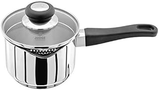 Judge Vista Draining J304A Medium Stainless Steel Saucepan with Pouring Lip 14cm 1L, Shatterproof Glass Strain & Pour Lid, Induction Ready, Oven Safe, 25 Year Guaranteed