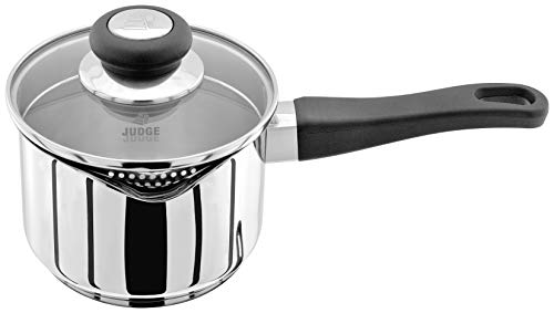 Judge Vista Draining Medium Stainless Steel Saucepan with Pouring Lip 14cm 1L, Shatterproof Glass Strain & Pour Lid
