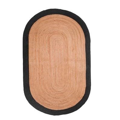 Tapis ovale en jute tissée à la main pour salon – Tapis rustique bohème naturel, durable et élégant – Noir et beige – 1,5 x 2,1 m