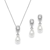 Mariell Cubic Zirconia and Ivory Teardrop Pearl Wedding Jewelry Set, Matching Bridal Necklace & Earrings