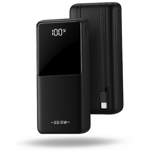 Power Bank Carregador portátil 10000mAh com Carregamento Turbo 22.5W, Saída Rápida Tipo-C e Lightning Integrados, Compatível com Android e iPhone, Cabo Embutido e Visor Digital de Carga