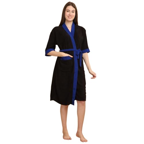 CREEVA Unisex Micro Terry Bathrobe, Kimono Collar, 3/4 Sleeve, Free Size, Black & Turkish