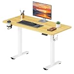 SANODESK 110 * 54 Electric Standing Desk ONE PIECE Height Adjustable Standing Desk With Memory Smart Panel Sit Stand Table With Hooks and Cupholder for Home Office (White Frame+ Maple Desktop)
