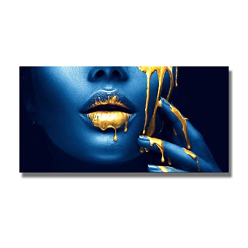 NIEMENGZHEN Lienzo Estampado Africano Dorado Sexy Mujer Labios Lienzo Pintura Cara Azul Carteles e Impresiones Arte de Pared Imagen para la decoración del hogar de la Sala de Estar 40x80cm con Marco Cover
