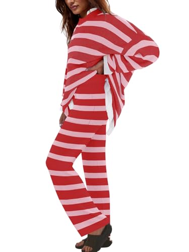 Image of LAMISSCHE Oversized Womens Lounge Set Striped Sweater Set Long Sleeve 2 Piece Pajama Set Top and Pants with Pockets