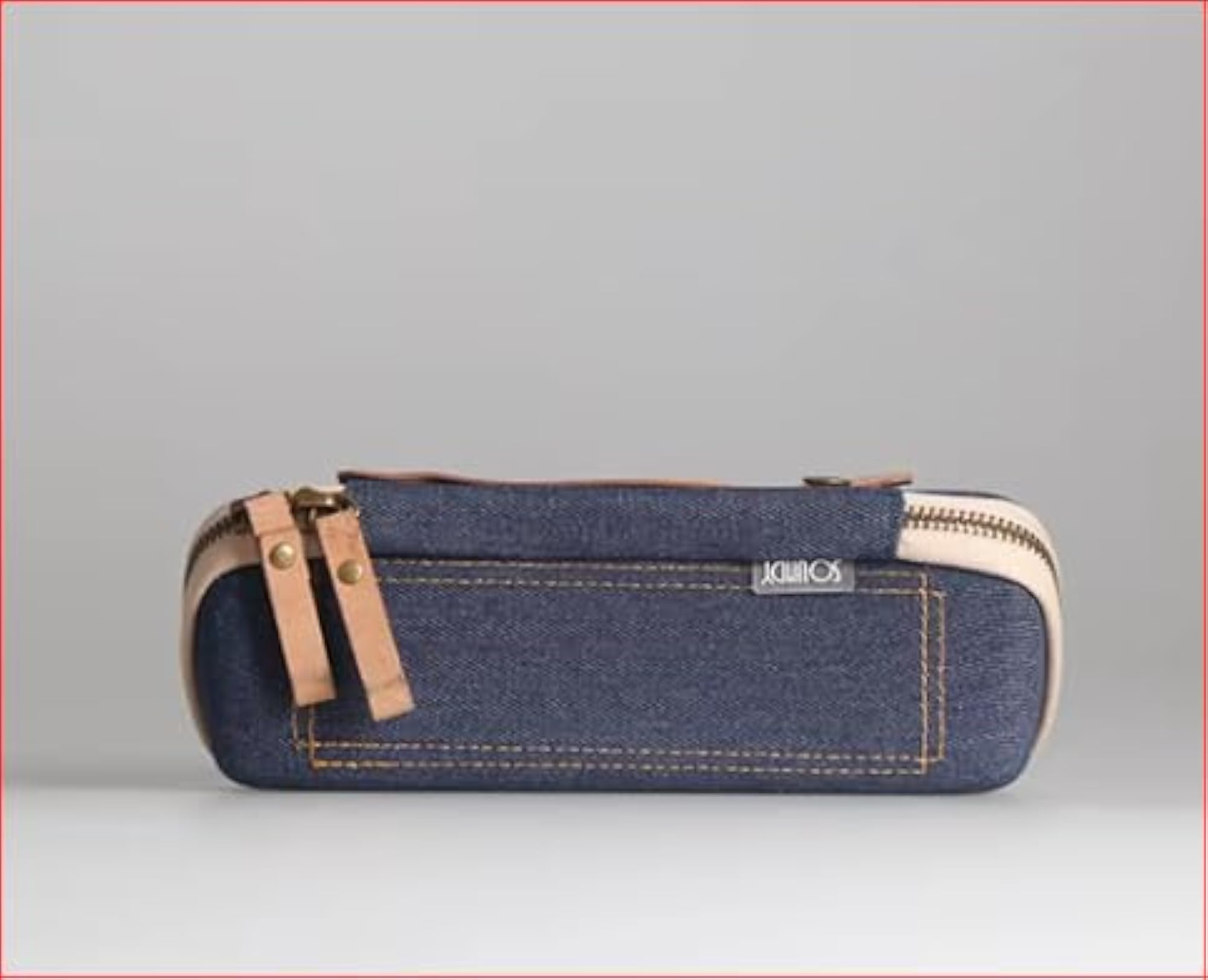 Denim Pencil Case with Leather Trim, Zip Around Design