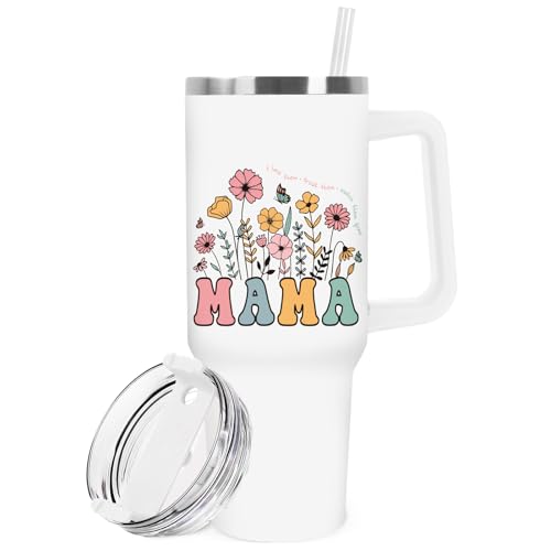 JarThenaAMCS Mother's Day Tumbler with Handle Stainless Steel Cup 40 Oz Colorful Wildflower MAMA Tumbler with Lid Straw, Gift for Mother for Home Office Travel