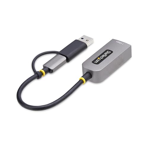 Image of StarTech USB-C to GbE Ethernet Adapter, 10 /100 /1000Mbps, USB-A Dongle | USB GbE Adapter, 6in /15cm Attached Cable, Status LEDs, C21GA-USB-ETHERNET