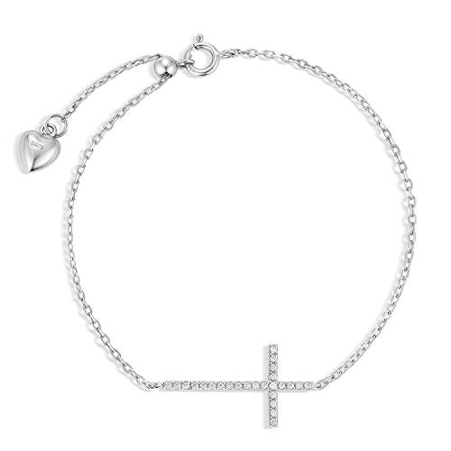 Dainty Cross Bracelet for Women 925 Sterling Silver, Cubic Zirconia Adjustable Bracelet 7inch 8inch