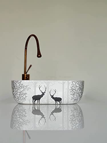Image of Designer Glossy Finish Table Top Ceramic Wash Basin Vessel Sink with Slim Rim | Collapsible Wash Basin | Wash Basin for Bathroom | Ceramic Bathroom Sink (Animal Printed, 18 x 13 x 5.5 Inch)