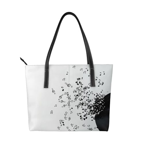 Hnnkloy Torn Vinyl Record And Musical Notes Flying In The Air,PU Leather Handbag Large Capacity Tote Bag Women's Shoulder Bag for Work Travel
