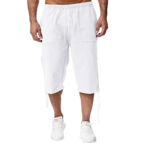 Caxndycing Pantalon de sport pour homme en coton et chanvre - Pantalon de sport à bretelles - Pantalon de jogging décontracté - Capris - Pantalon sarouel pour homme, Blanc., XL