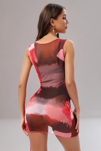 Image of ABMOIU Sexy Mini Print Mesh Dress for Women, See Through Sleeveless Stretchy Bodycon Short Summer Dresses