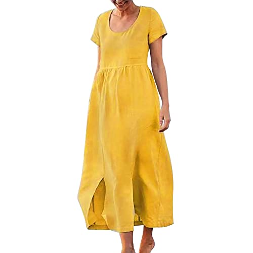 Vestido floral informal para mujer, vestido midi con abertura lateral alta, mangas cortas para un cómodo estilo de camiseta, vestido de noche, vestido de verano para niñas, amarillo, M