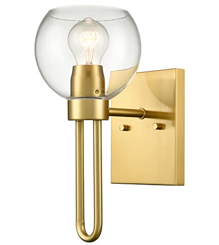 Image of Gold Glass Globe Wall Sconce Mid-Century Modern Globe Sconces Wall Lighting Brass Wall Light Fixture with Clear Glass Shade for Bathroom Hallway Bedroom