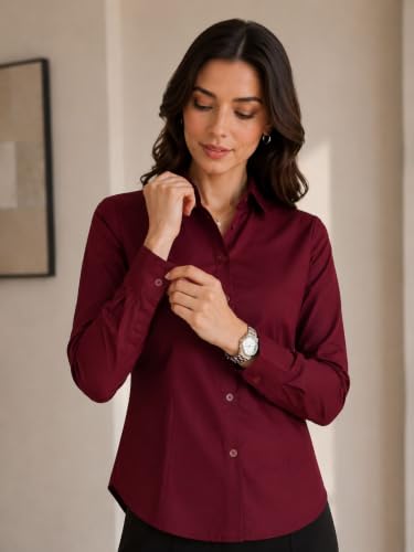 Image of OOMPH! Women's Cotton Solid Formal Shirt | Slim Fit Full Sleeve Button-Down Office Shirt | Spread Collar Smart Casual Workwear Top