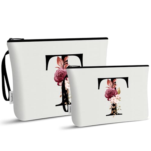 Image of Vavabox A-Z Personalized Makeup Bag, Birthday Gifts for Women Mom, Gifts for Best Friend, Bride Bridesmaid Cosmetic bag (T, 03-White Set)