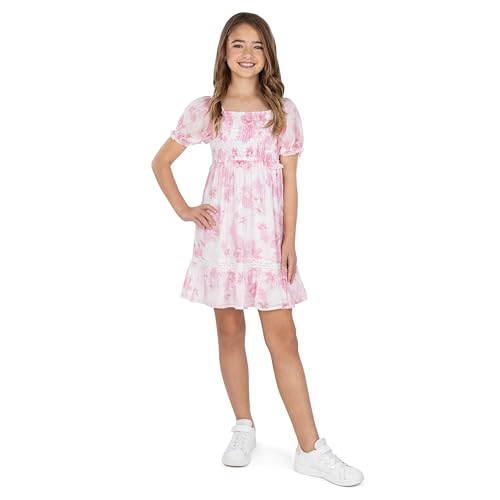 Speechless Girls' Smocked Floral Print Puff Sleeve Party Dress with Lace Trim