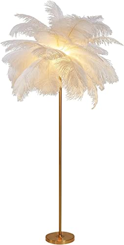 Lámpara de pie Lámpara de lectura de pie 160 cm Pluma de avestruz Lámpara de pie Feather Lámparas de pie 58 Plumas reales Lámpara de pie Romántica 3 etapas atenuador cuerpo de lámpara dorada con