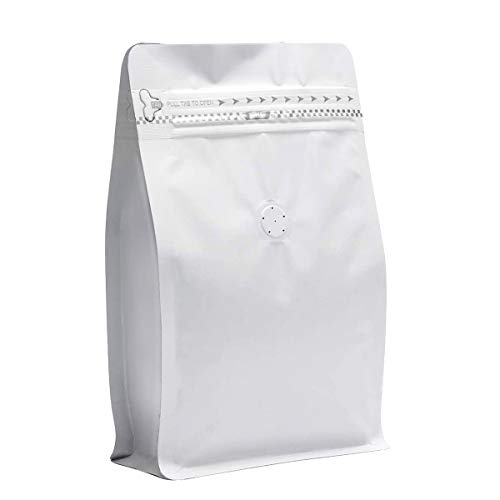Image of White Kraft Paper Coffee Bags, Stand Up Coffee Pouches with One Way Degassing Valve and Reusable Side Zipper (Pull Tab to Open) Flat Bottom - Stand Up Well (50pieces / 12oz, 340gram)