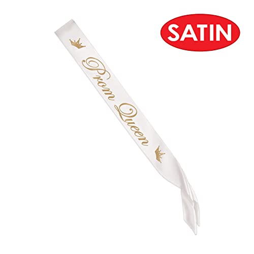 Image of Beistle Prom Queen Satin Party Sash, 33 inch x 4 inch, White /Gold