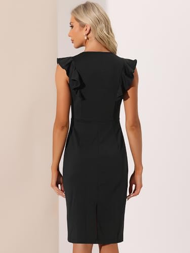 Allegra K Business Sheath Dress for Women's Split V Neck Sleeves Ruffle Work Dresses3