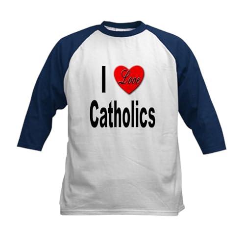 CafePress I Love Catholics Kids Baseball Jersey Kids Cotton Baseball Jersey, 3/4 Raglan Sleeve Shirt Navy/White