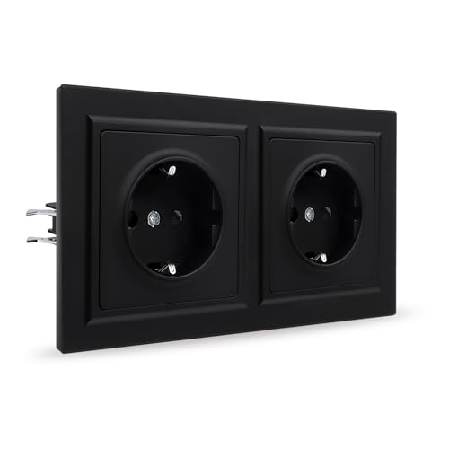 JIMEIDA Enchufe doble negro superficie lisa de PC con ganchos, no montado verticalmente, enchufe Schuko de 16 A, 157 x 86 mm, 250 V