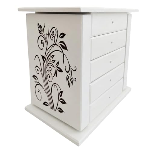 Porta Joias em Madeira MDF, Branco, com Gavetas e Portas Laterais, 28 x 19 x 30 cm, Arabesco Floral